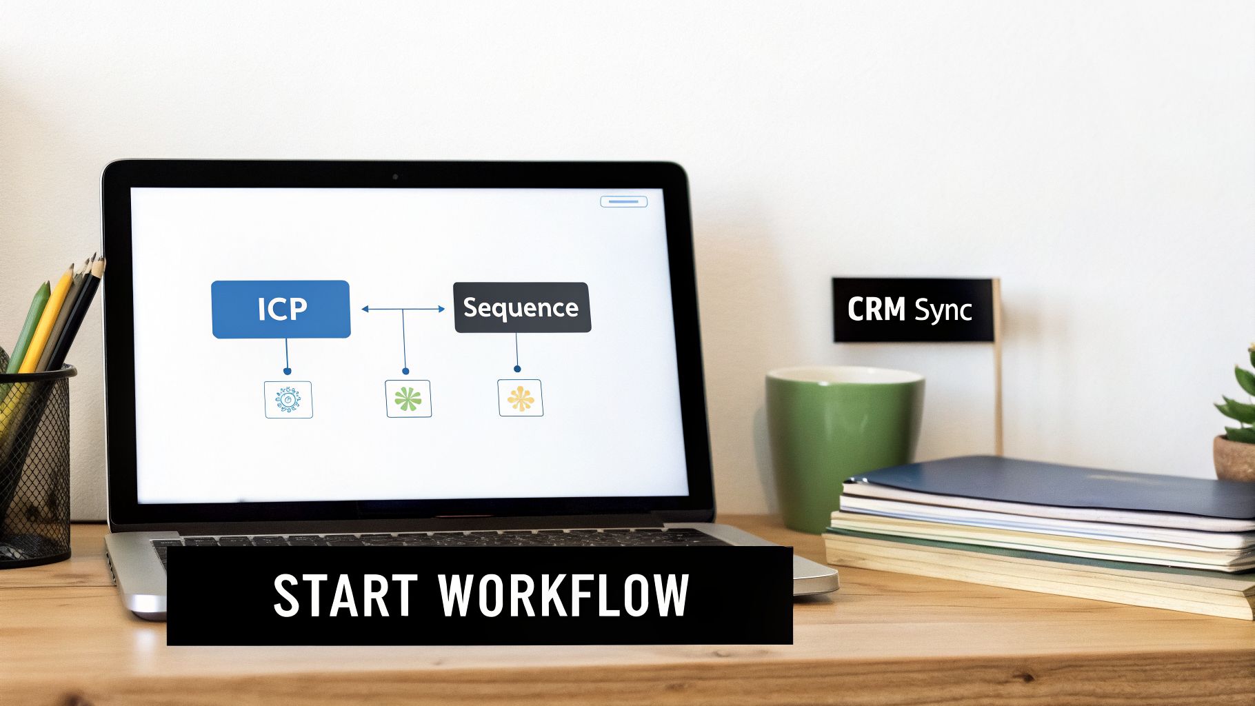 A laptop displays a digital workflow diagram showing ICP, Sequence, and CRM Sync on a desk