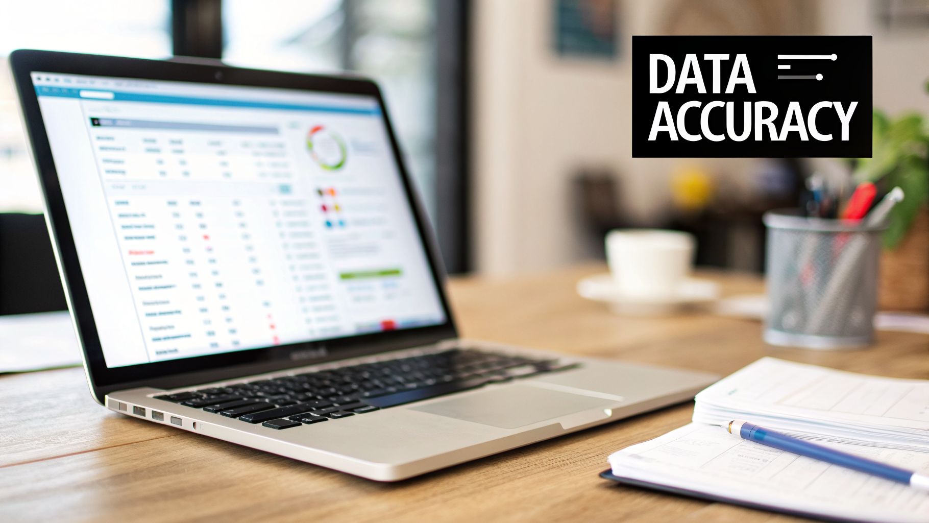 A laptop displaying data and charts on a wooden desk, emphasizing data accuracy