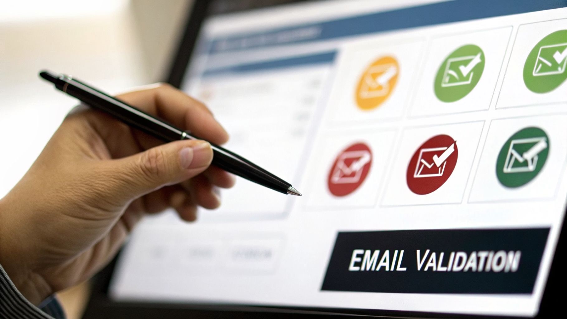 A hand holds a stylus, pointing at a screen displaying EMAIL VALIDATION button and email icons