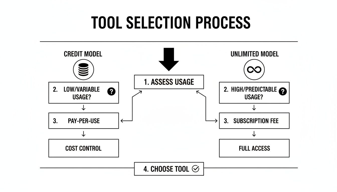 A flowchart illustrating a tool selection process based on usage, offering credit or unlimited models