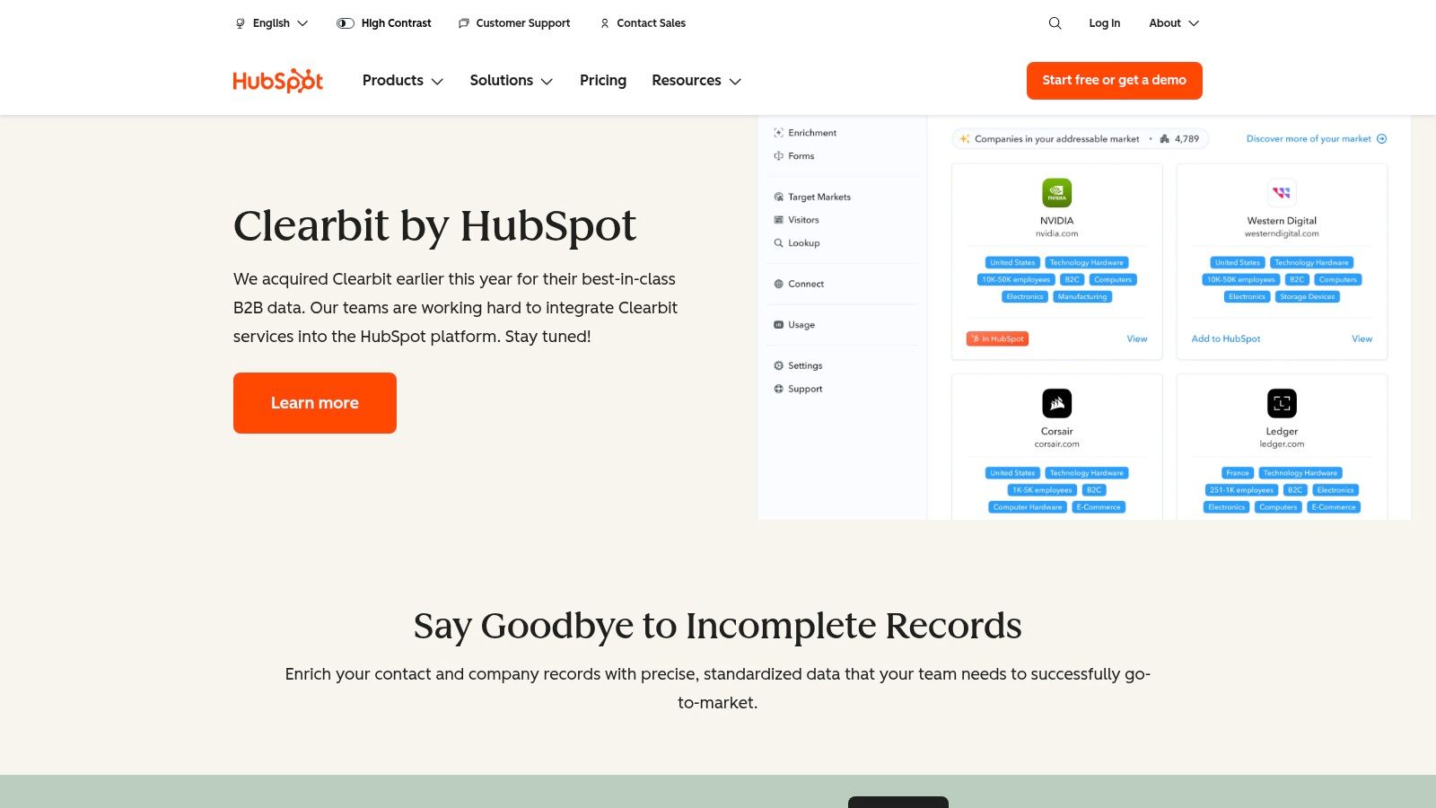 Clearbit by HubSpot data enrichment interface