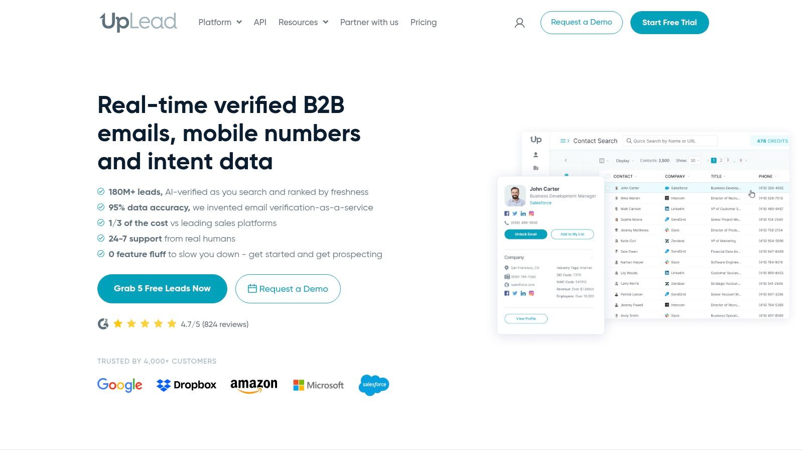 UpLead contact data platform interface