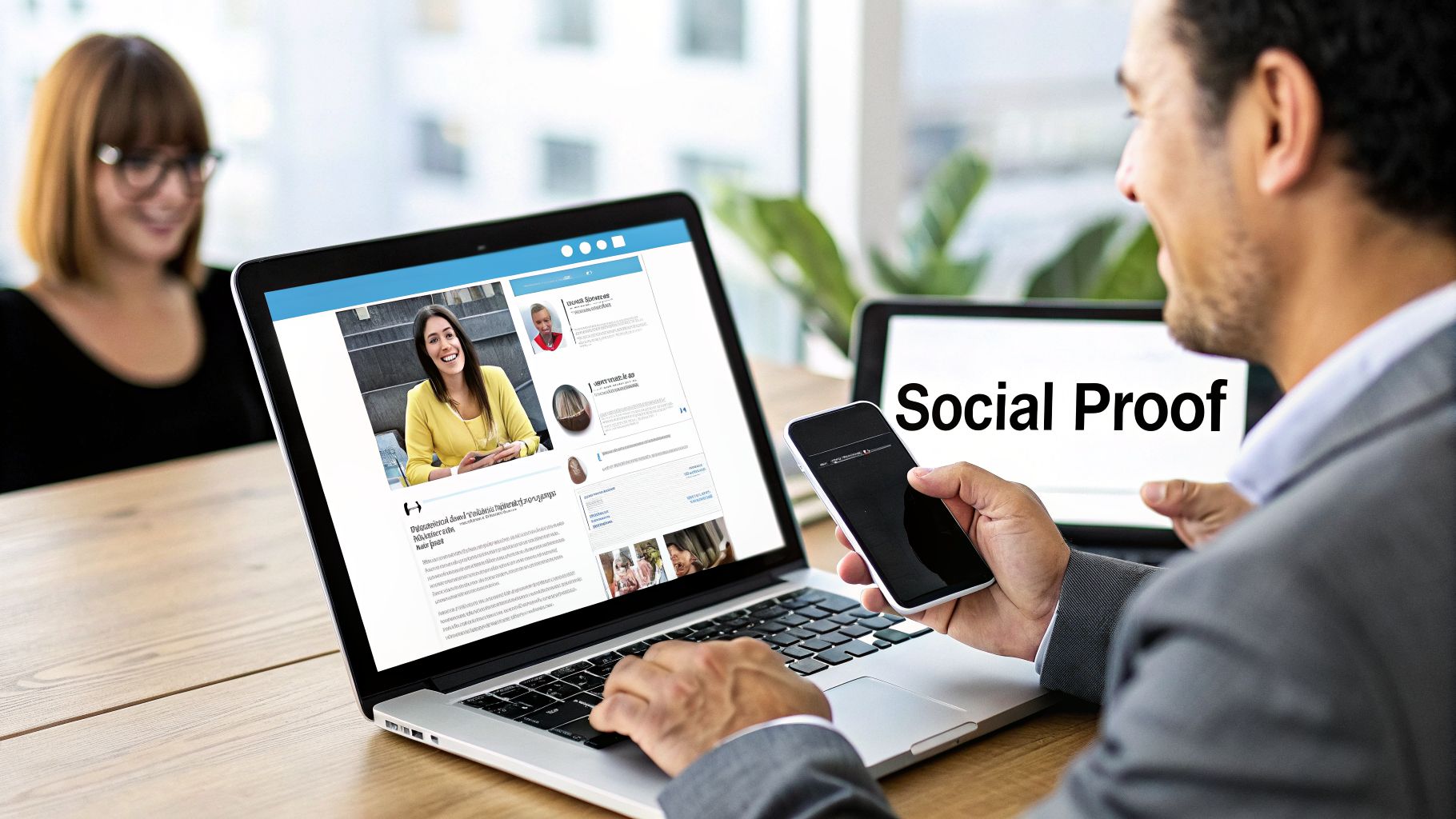 Man uses laptop and phone, viewing profiles and content, while 'Social Proof' is displayed on a tablet.