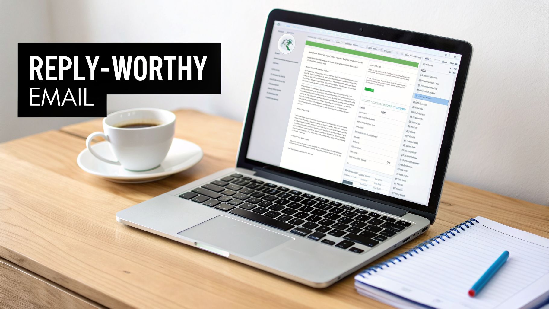 A laptop on a wooden desk displays an email, next to a coffee cup and a notebook