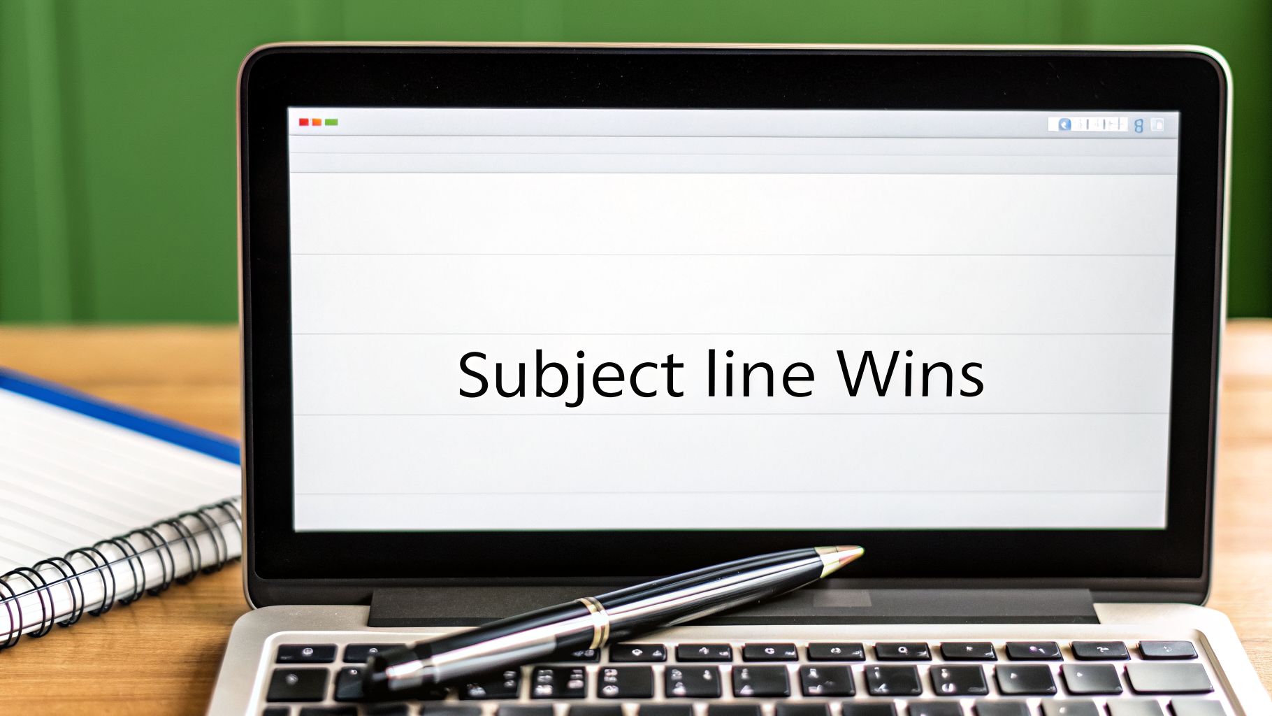 A laptop screen displays 'Subject line Wins,' with a pen on the keyboard and a spiral notebook