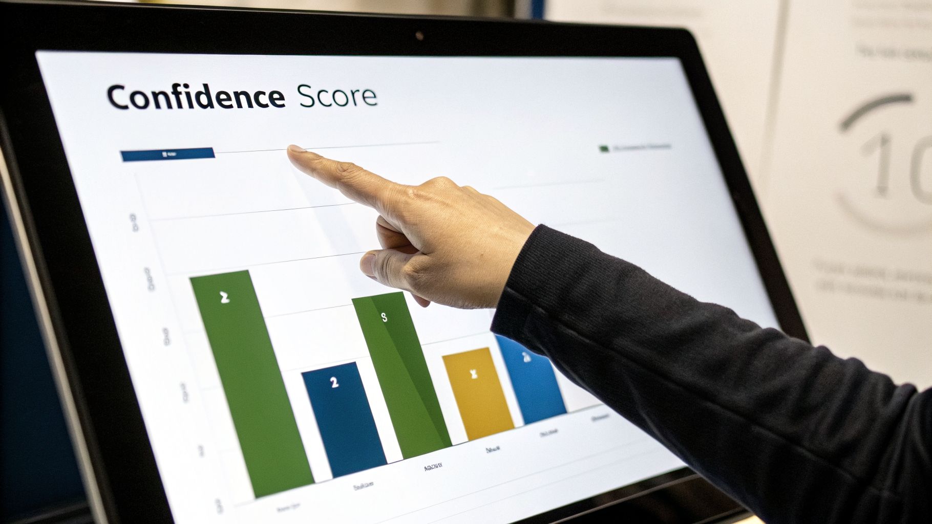 A hand points at a large digital screen displaying a colorful bar chart titled Confidence Score