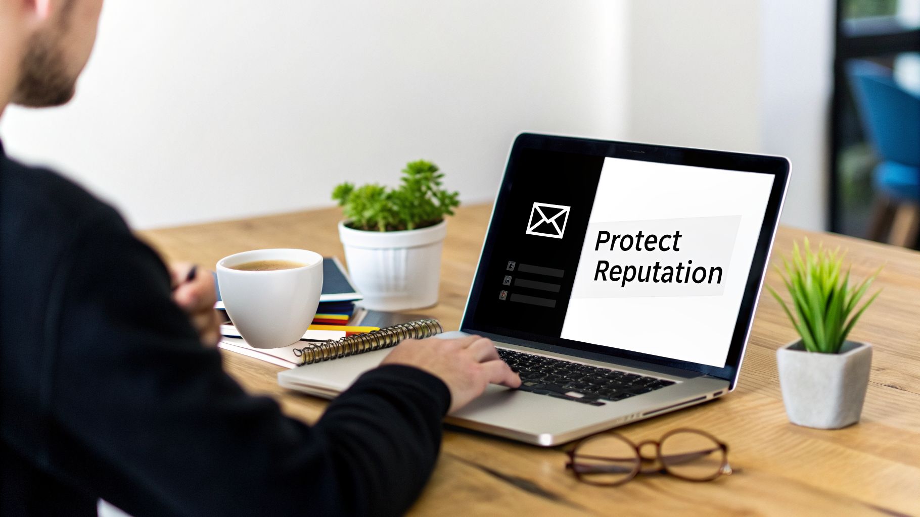 A person works on a laptop displaying Protect Reputation on a wooden desk with coffee and plants