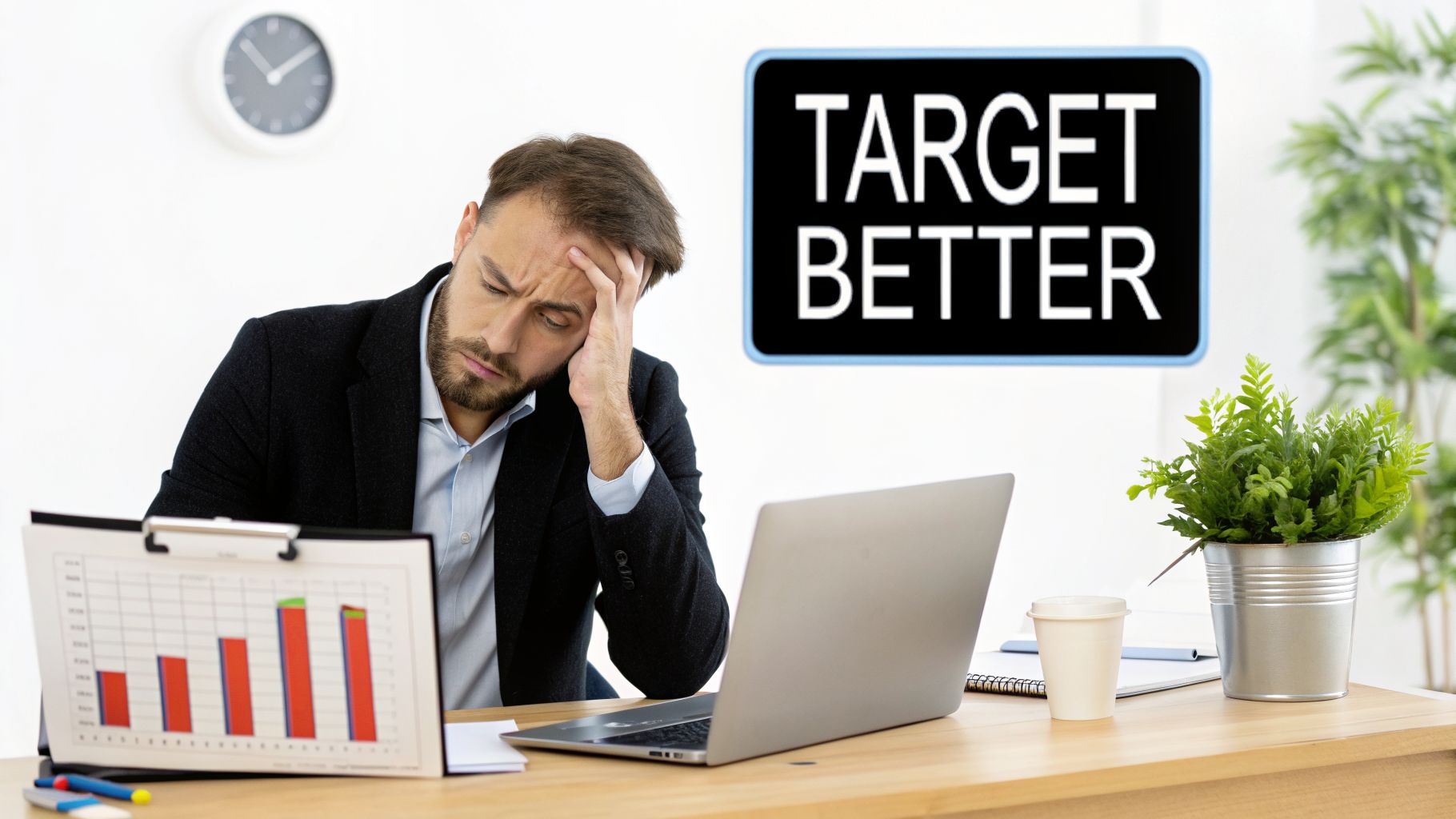 A stressed businessman looking at a chart with declining sales, representing the cost of poor targeting