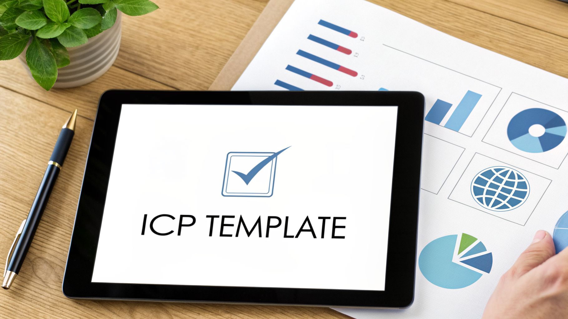 A digital tablet displays an ICP template with a checkmark, surrounded by business charts and a pen