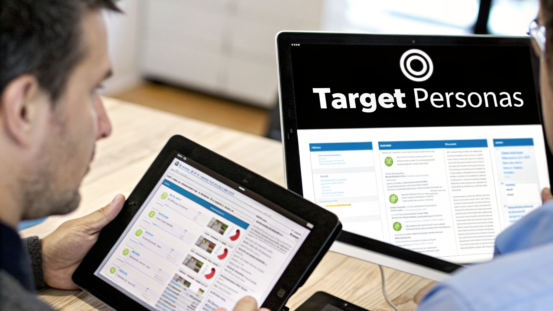 Two men analyze data on a tablet and monitor displaying 'Target Personas' for marketing.