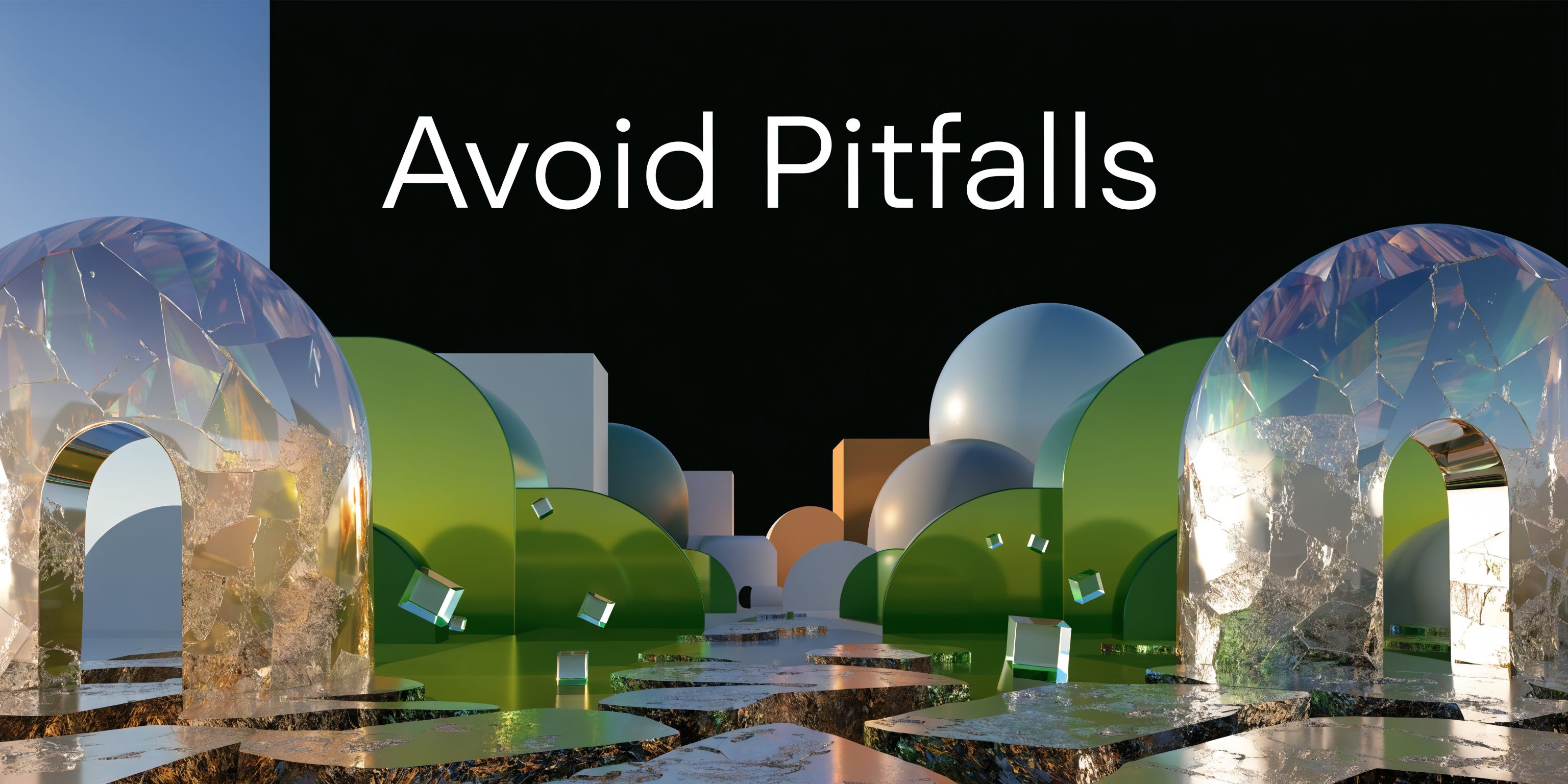 A surreal 3D rendered landscape with abstract glass arches, green rounded shapes, and floating cubes.