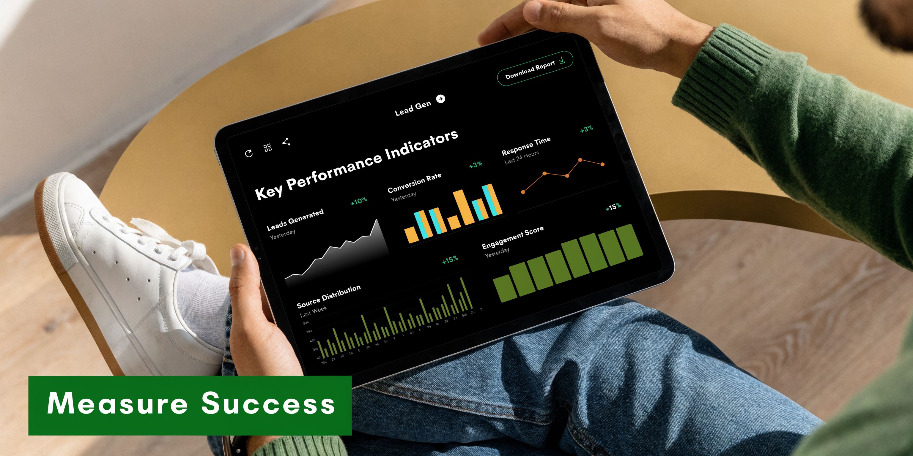 Person holding a tablet displaying a professional lead generation dashboard with various data analytics and performance charts.