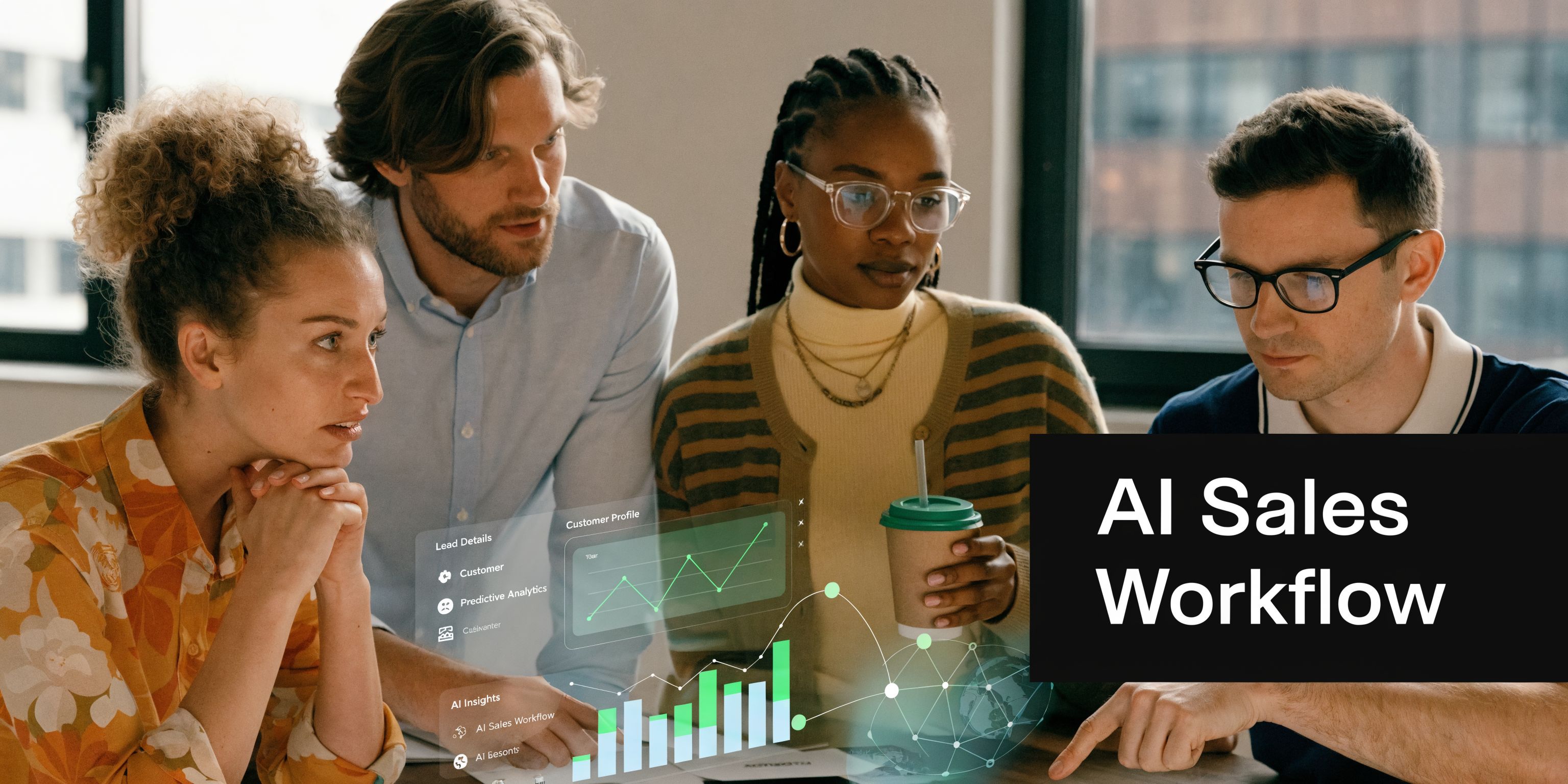A diverse business team collaborating on an AI lead generation sales workflow dashboard on a digital screen.