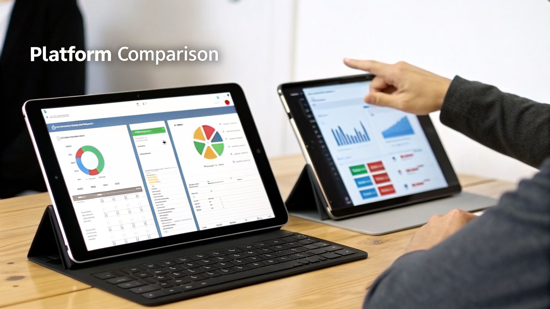 Two tablets display data dashboards for platform comparison, one with a keyboard, one being pointed at.