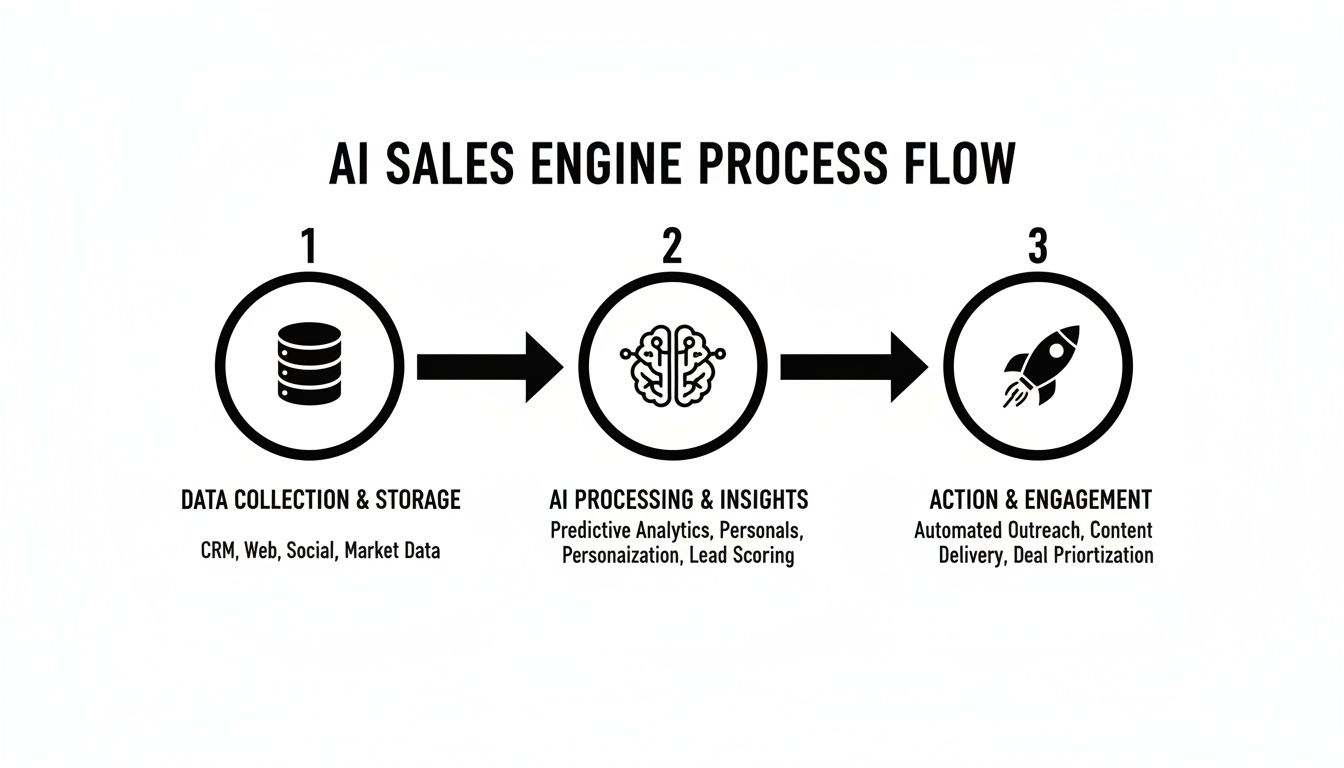 AI sales engine process flow diagram showing data collection, AI processing, and action stages.