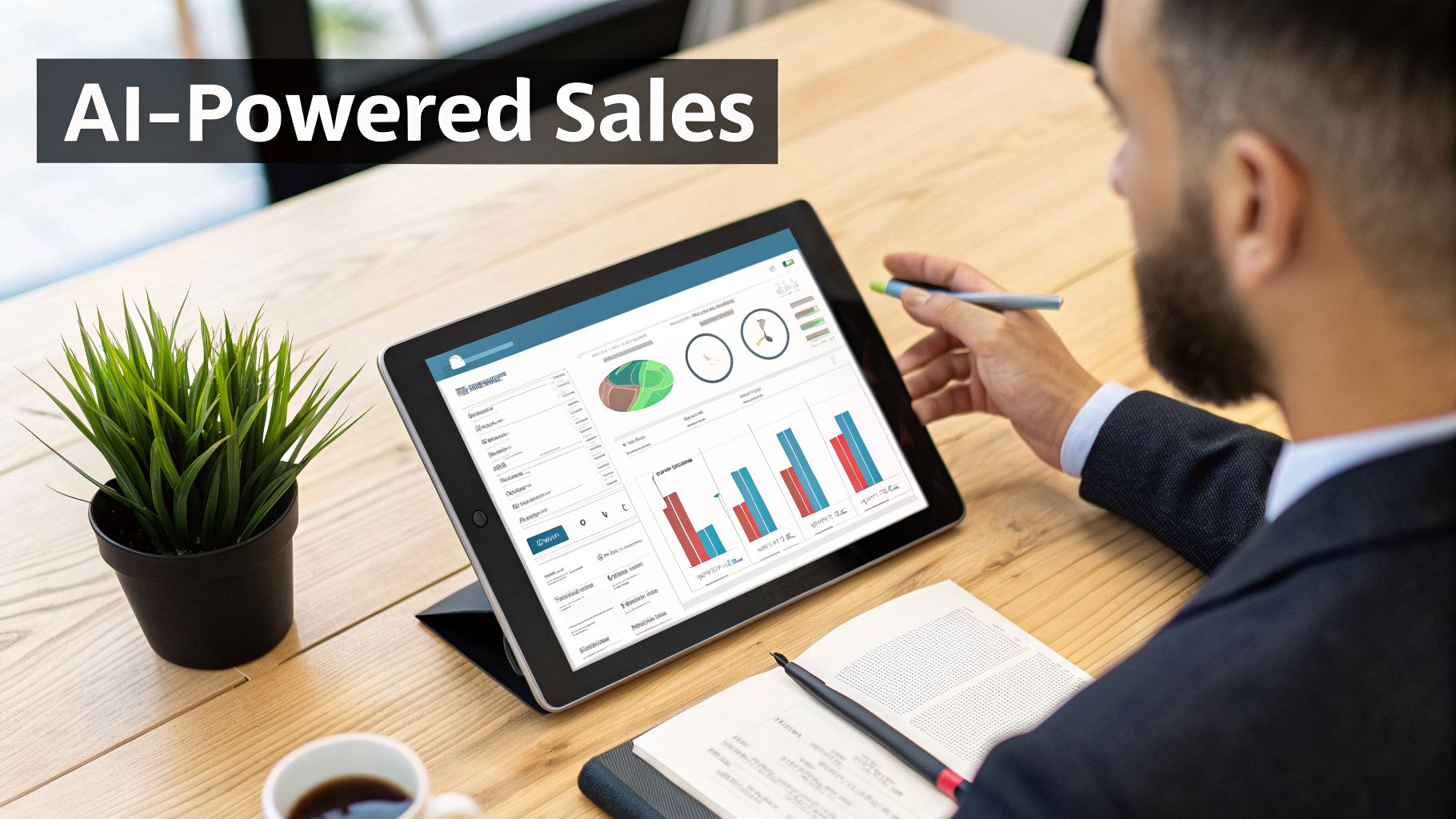 A businessman uses a tablet displaying AI-powered sales data, with reports and charts.