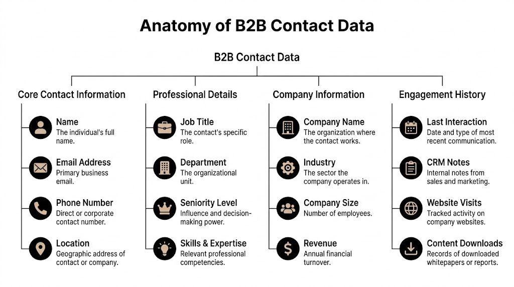 A structured flowchart illustrating the four key components of B2B contact data including professional and company details.