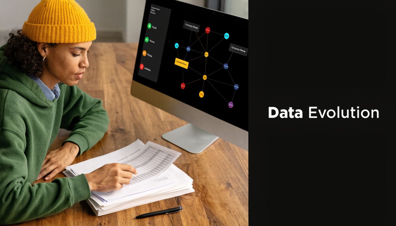 A young person with a yellow beanie reviewing business documents next to a computer screen displaying data