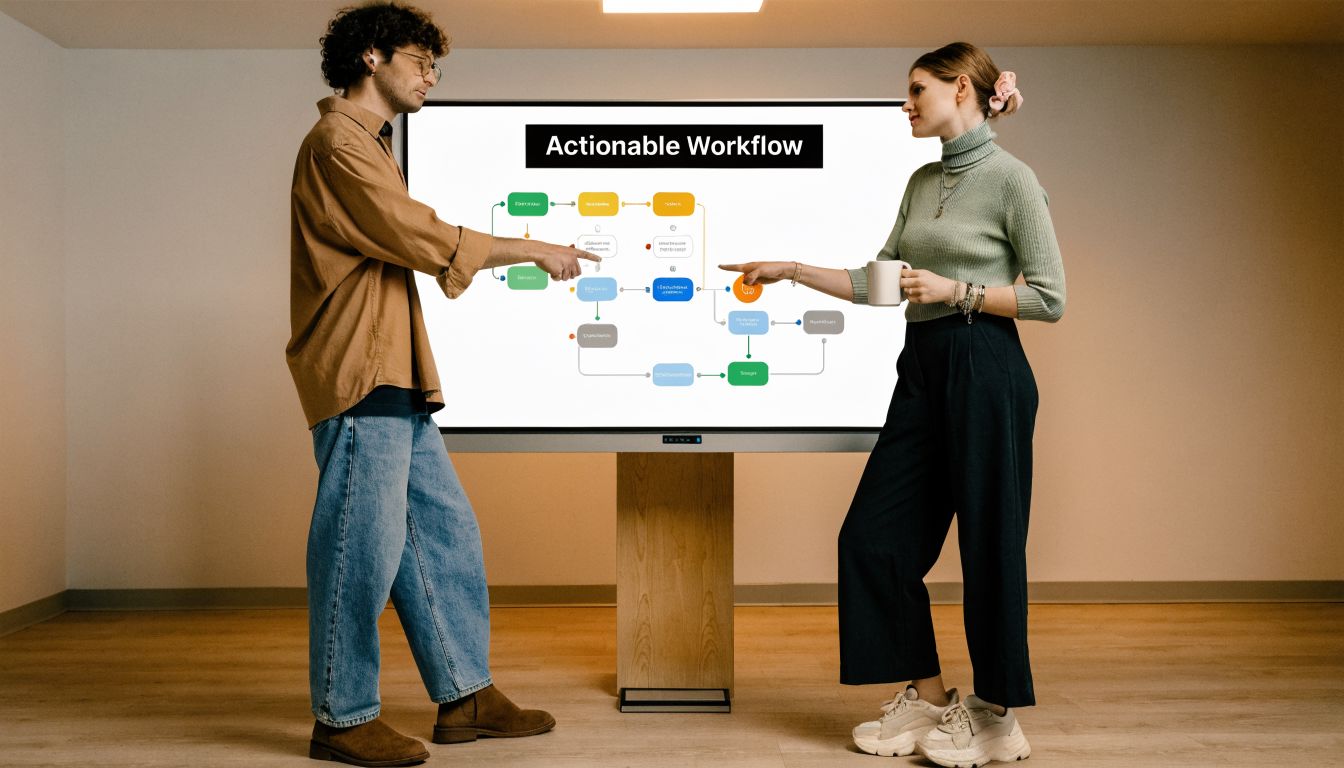 A man and woman discussing a business workflow chart on a large digital screen in an office.