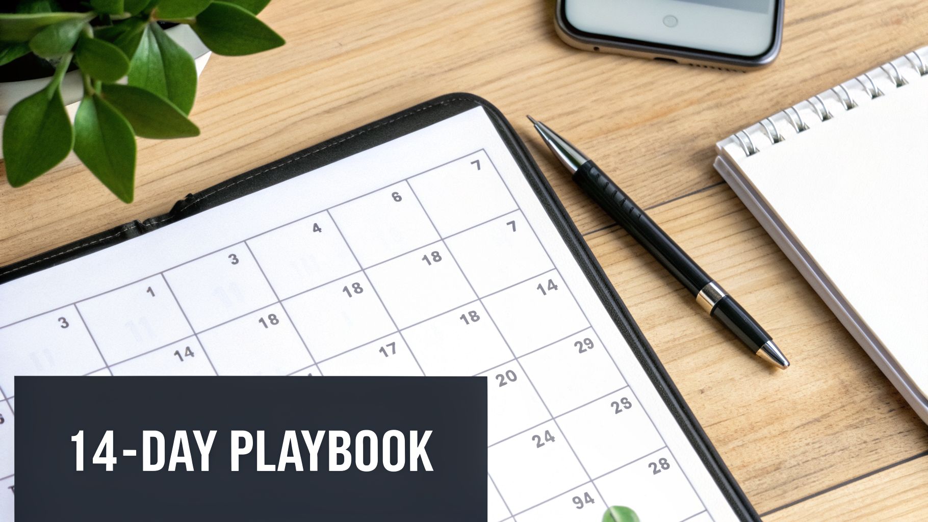 Flat lay of a calendar, pen, notebook, phone, and plant, with '14-DAY PLAYBOOK' text.