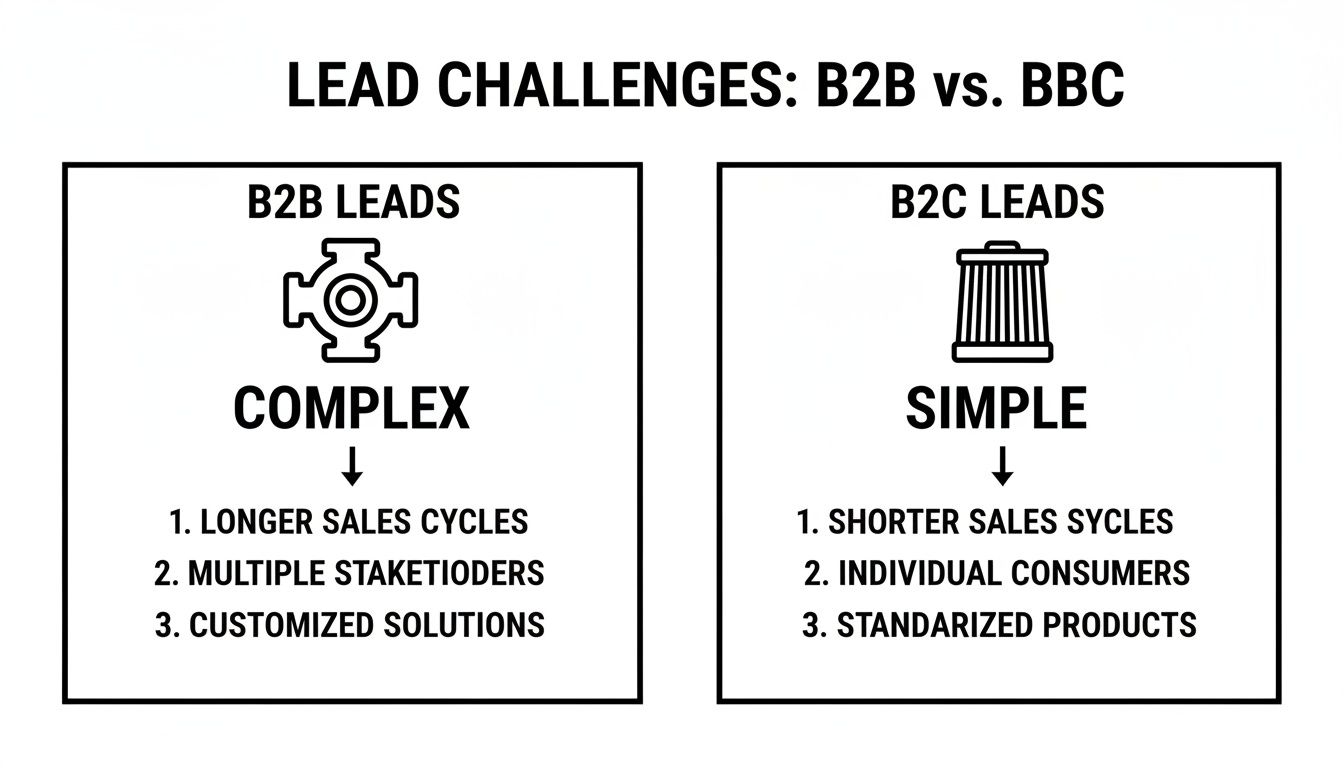 Infographic comparing B2B and B2C lead challenges, detailing sales cycles, stakeholders, and product complexity.