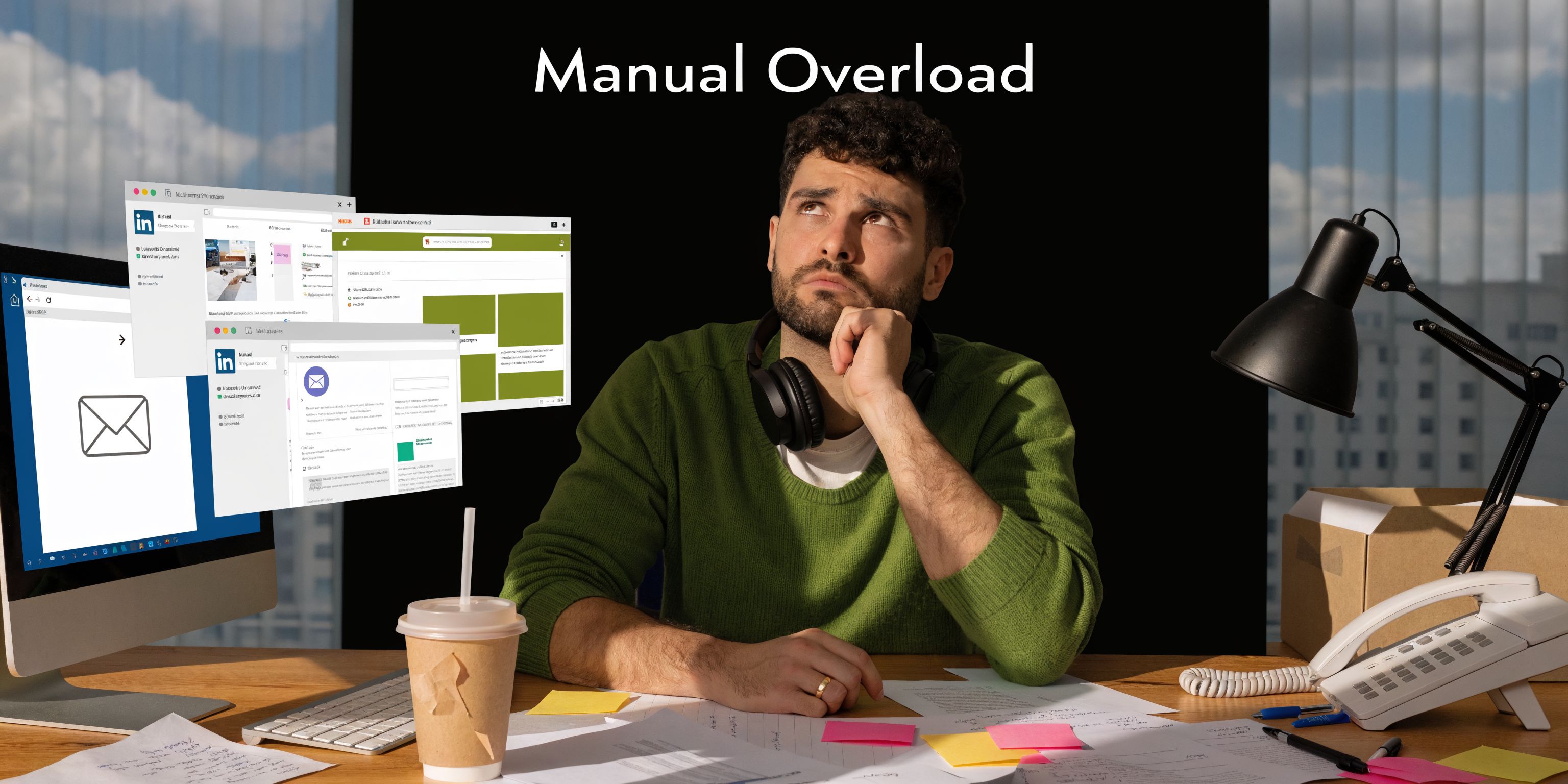 A man looks overwhelmed while working at a desk filled with papers and digital task windows.