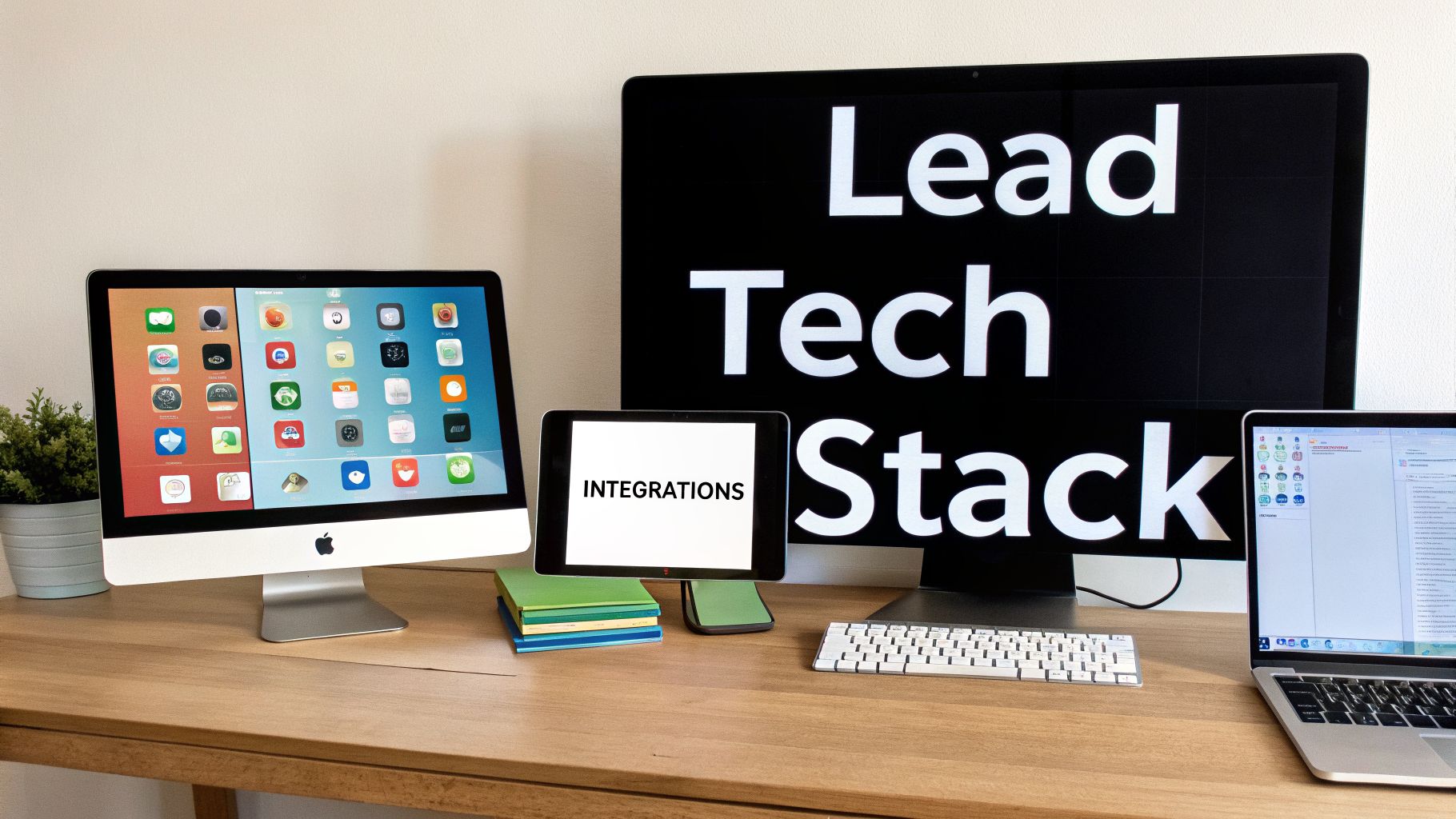 Multiple computer screens on a desk displaying 'Lead Tech Stack', 'INTEGRATIONS', various apps, and a spreadsheet.