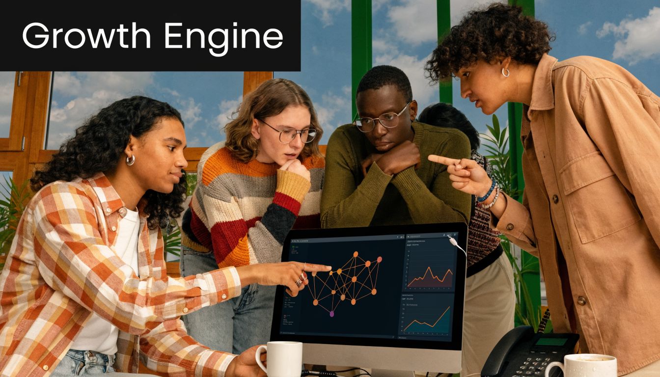 A diverse group of professionals collaborating on data analysis while looking at a computer screen.