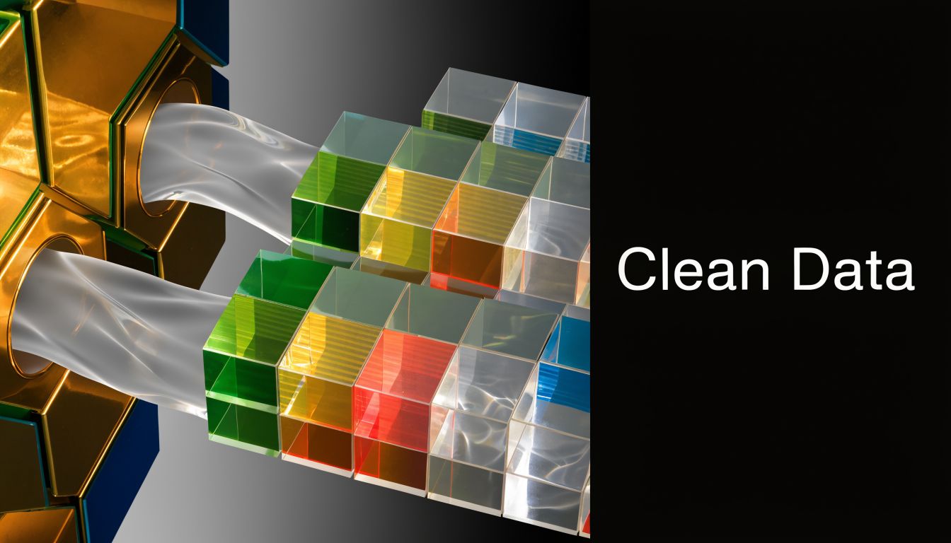 A conceptual 3D visualization showing colorful glass cubes being processed and cleaned by flowing liquid streams.