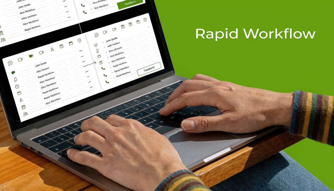 A person uses a laptop to access Rapid Workflow software for managing contact and email information.