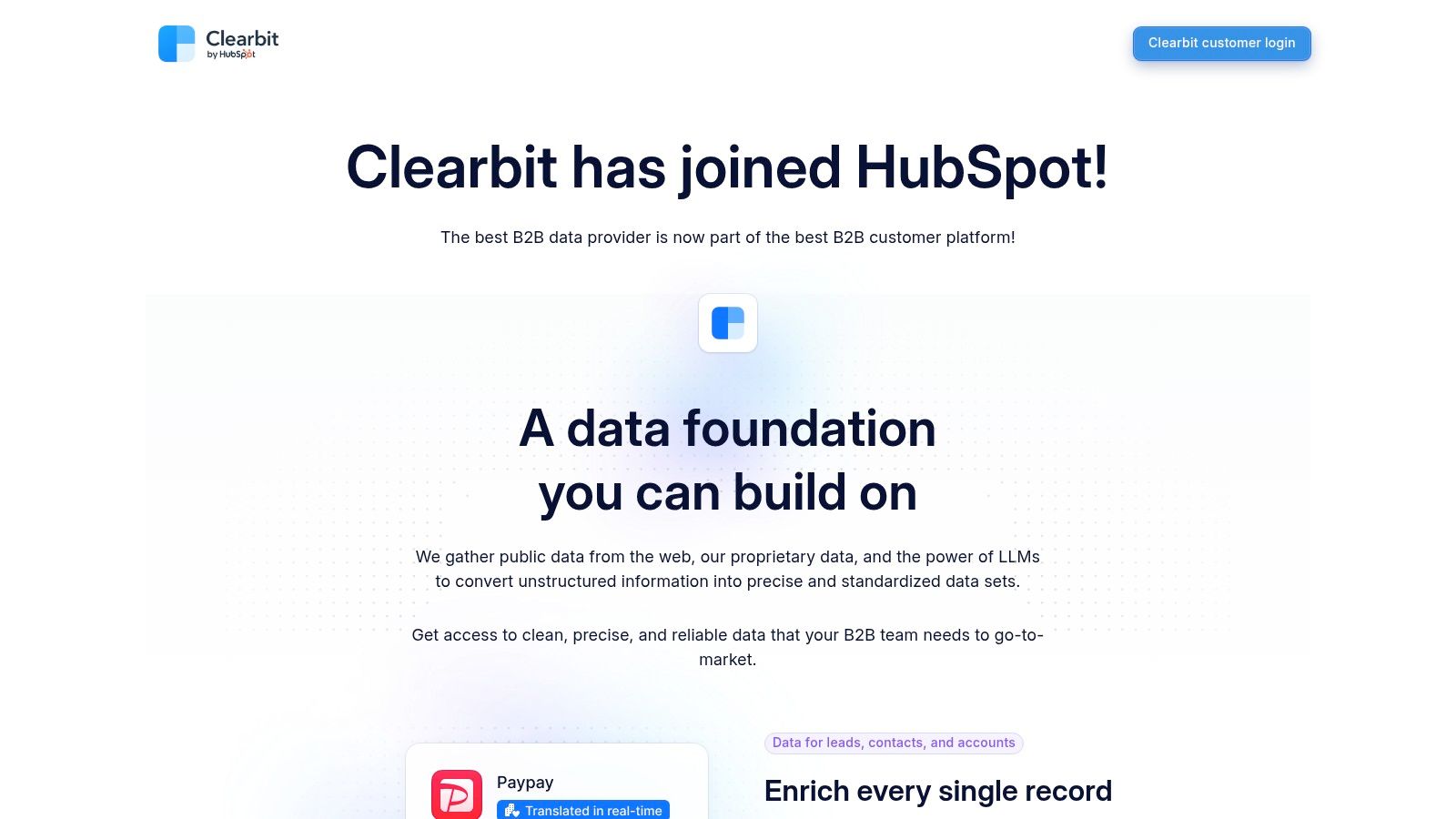 Clearbit (now part of HubSpot; delivered via Breeze Intelligence)