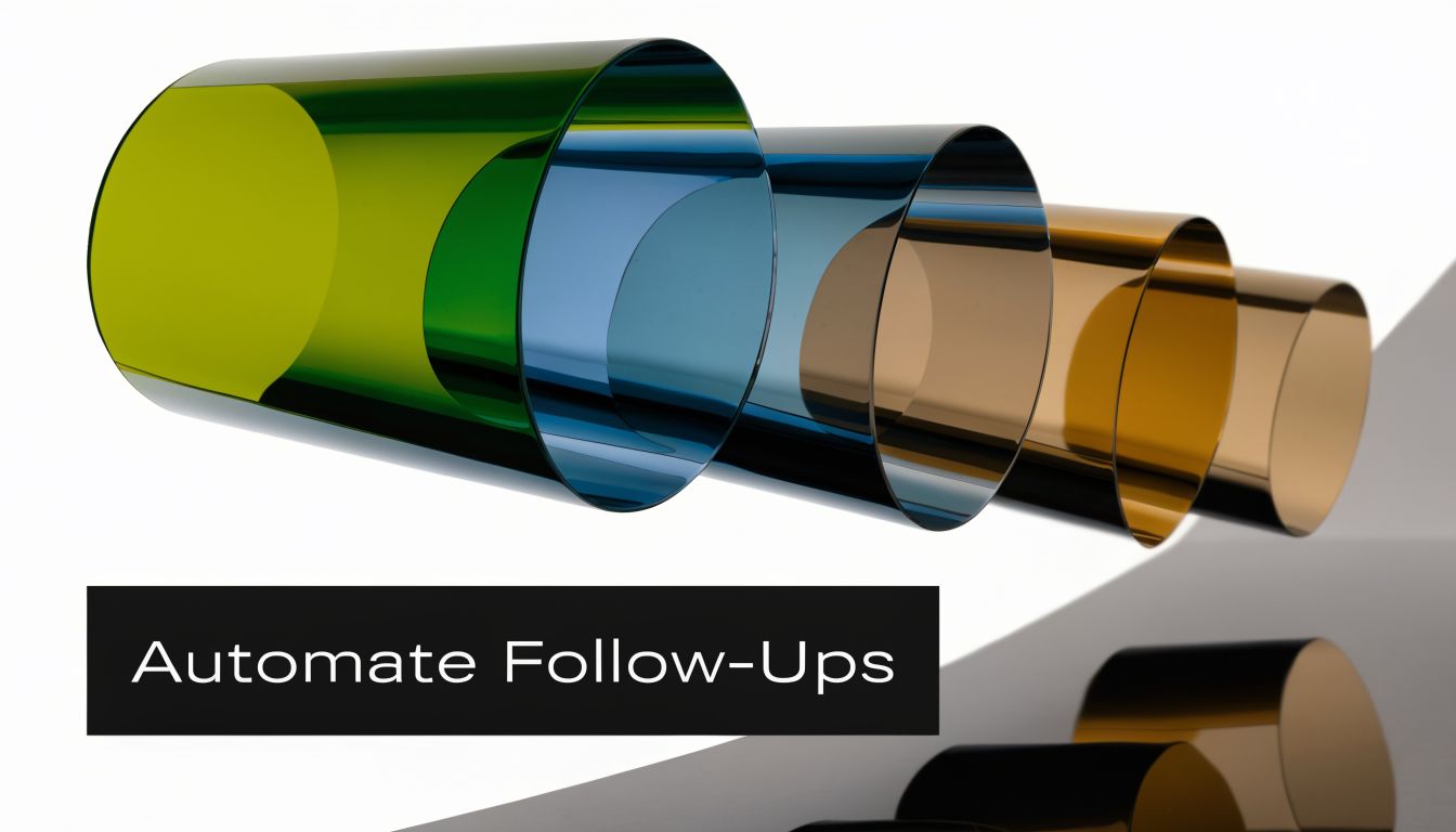 A sequence of transparent colored glass cylinders floating above a surface with the text Automate Follow-Ups.