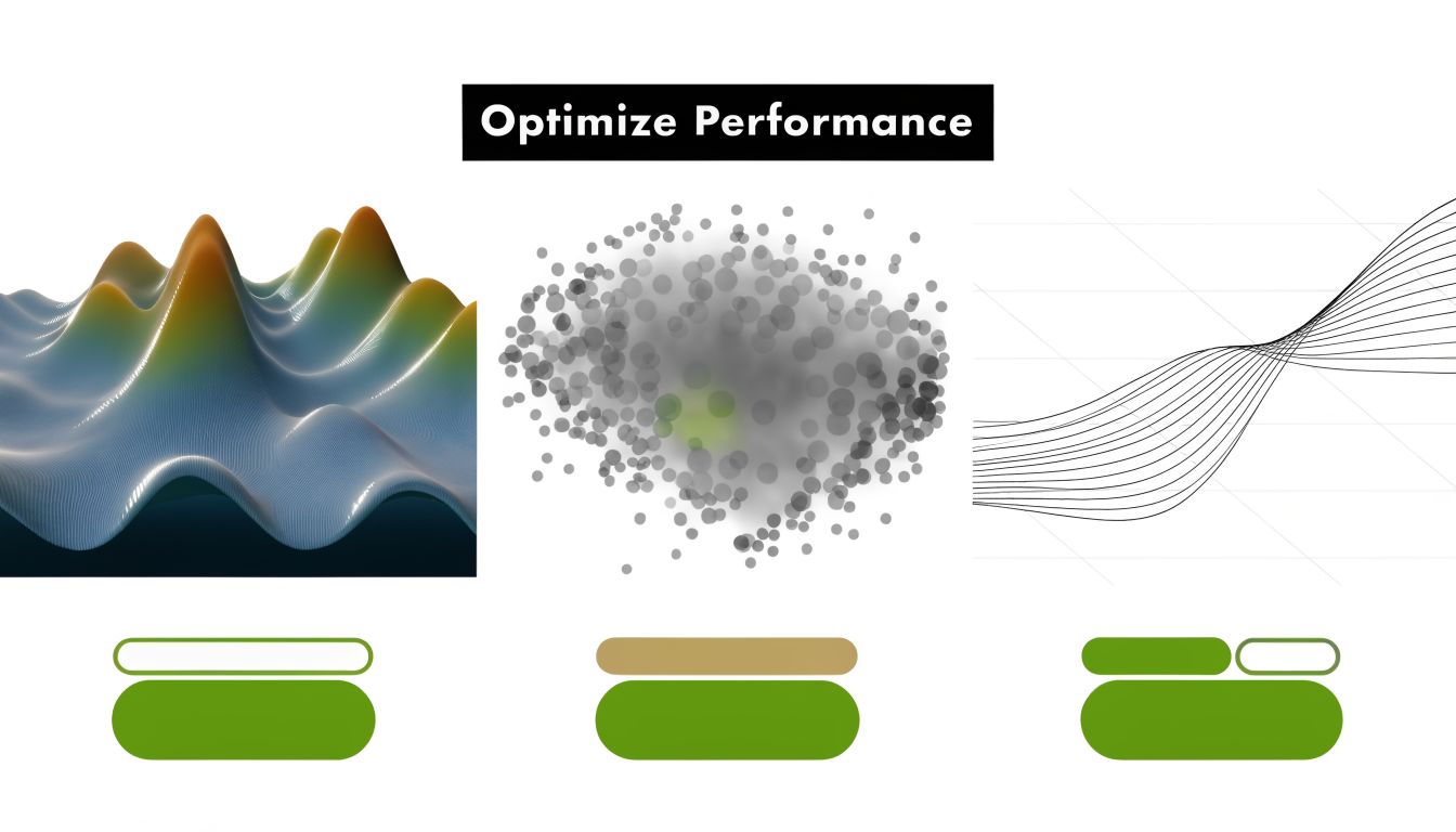 Three abstract graphical representations depicting performance optimization concepts, including a 3D wave surface and data visualization charts.