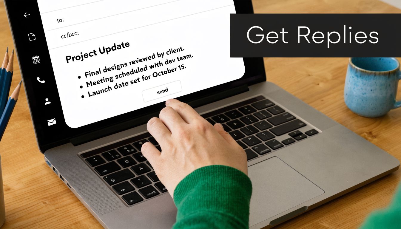 A person typing a business project update email on a laptop computer at a wooden desk.