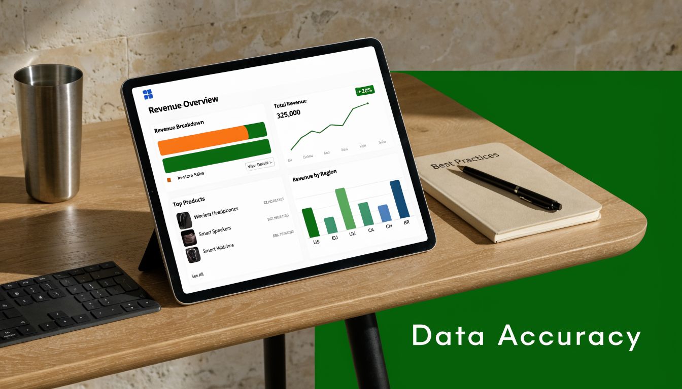 A digital tablet displaying business analytics and revenue charts sitting on a wooden desk with a notebook.