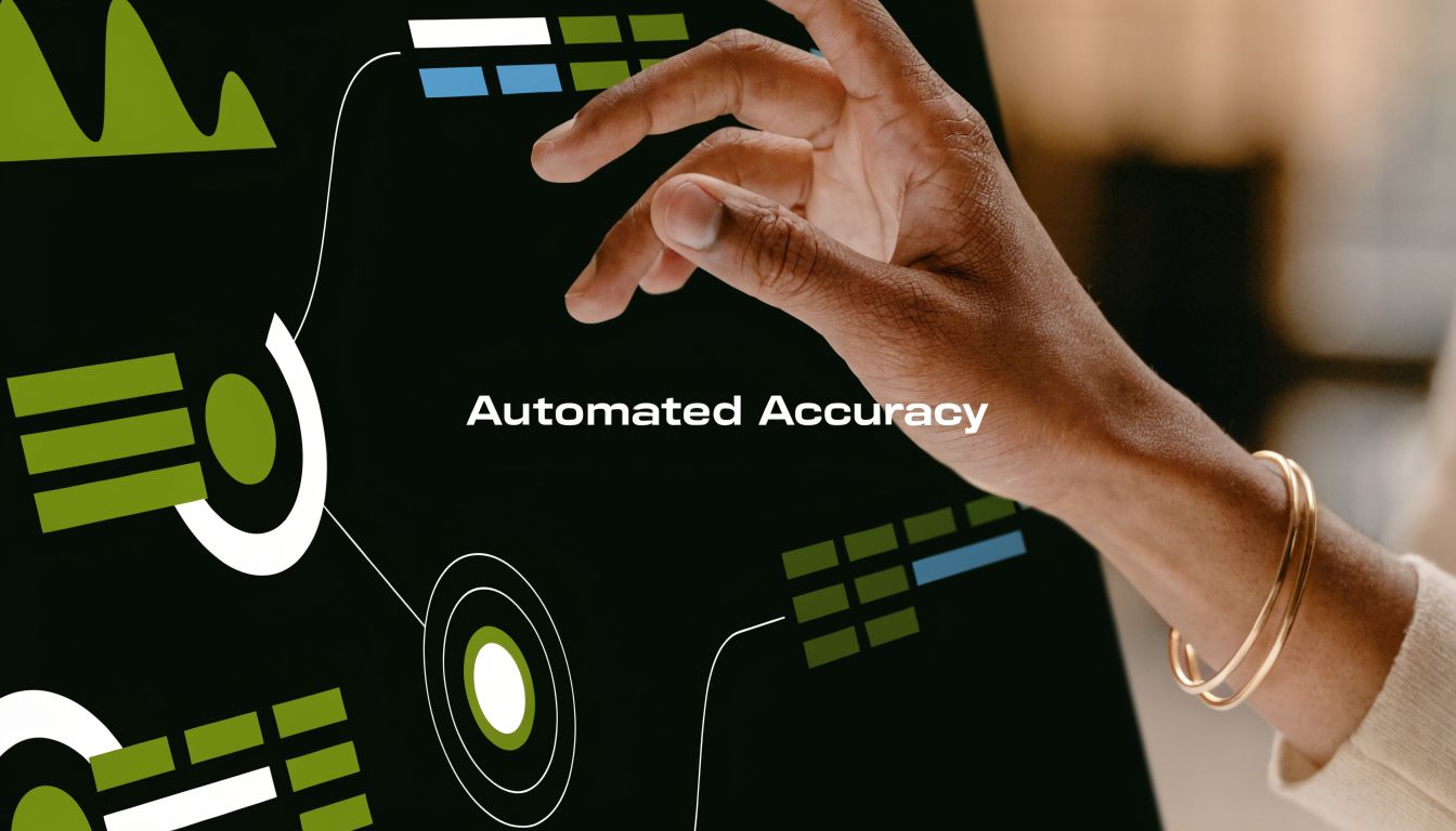 A hand interacting with a digital interface displaying data charts and graphs about automated accuracy.