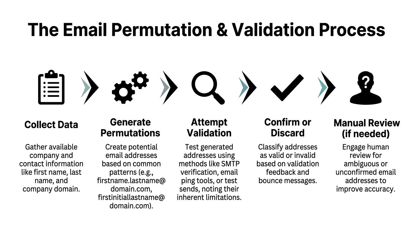 A five-step infographic showing the email permutation and validation process from data collection to manual review.