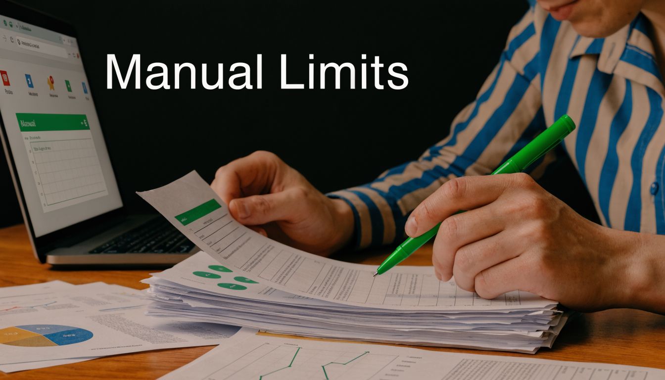 A professional analyzing financial documents with a green pen near a laptop showing data charts.