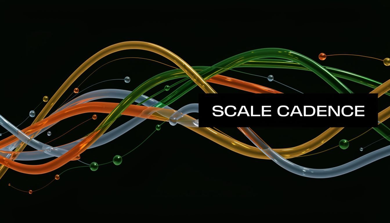 A digital abstract art piece showing colorful wavy glossy lines on a black background with the text Scale Cadence