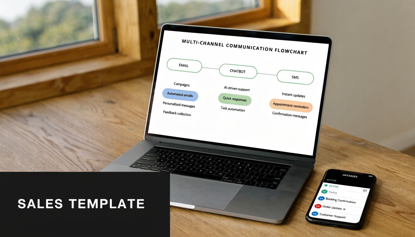 A laptop screen displaying a multi-channel communication flowchart next to a smartphone showing active business messages.