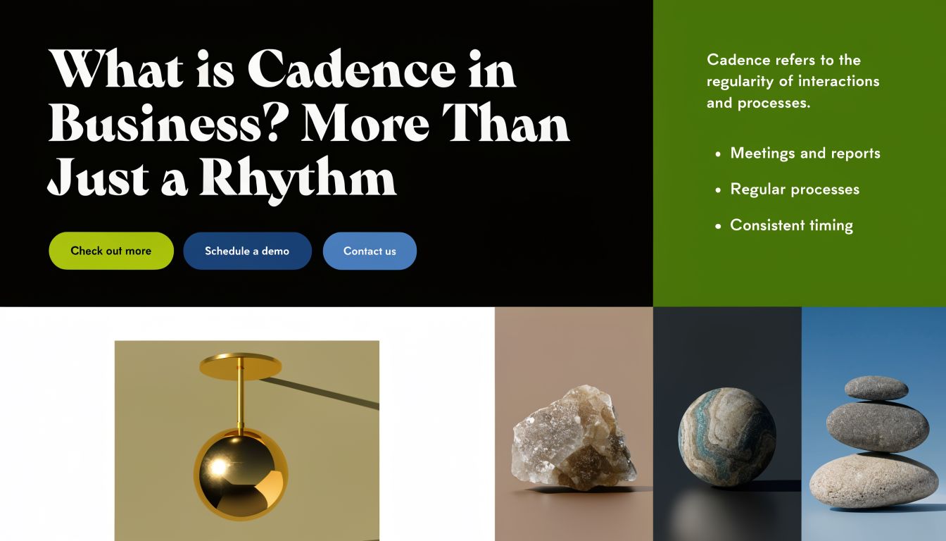 A graphic design banner explaining the definition of business cadence with decorative stones and objects below.