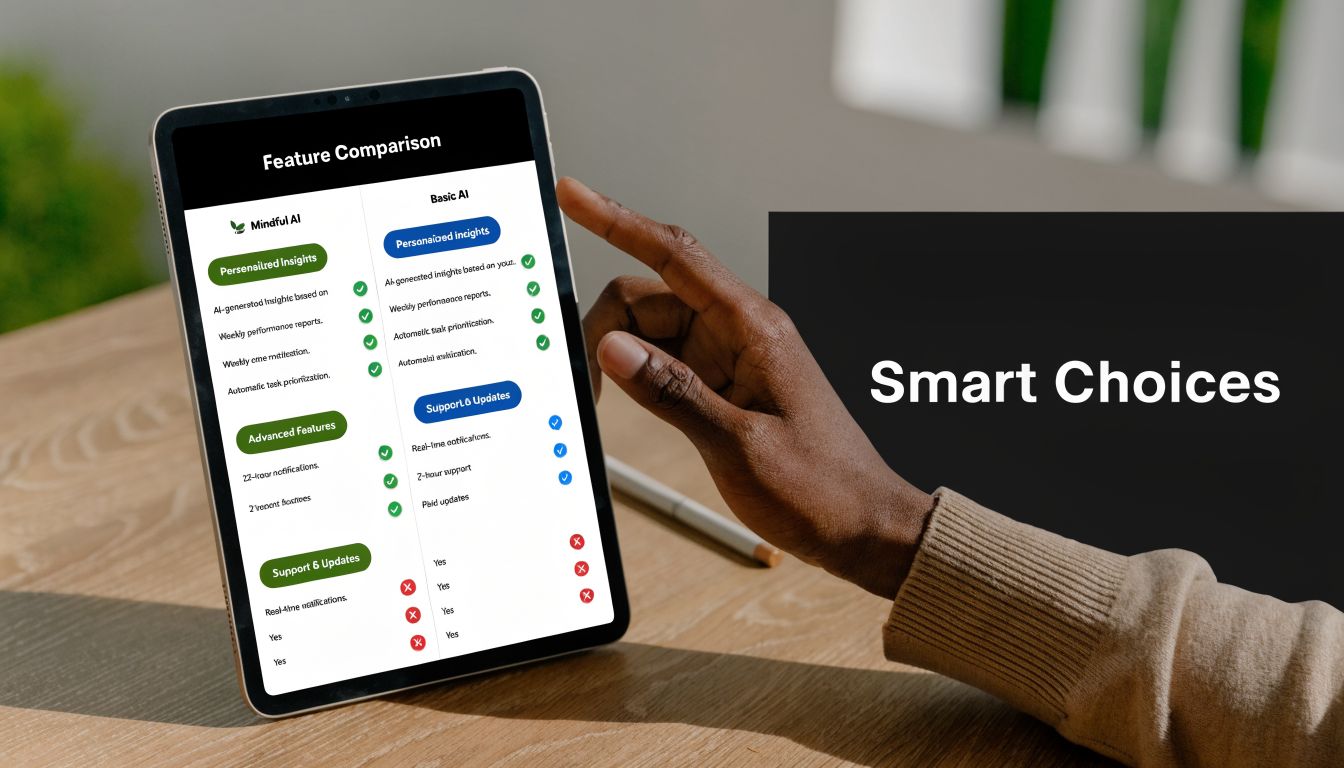 A hand pointing to a tablet screen displaying a feature comparison chart between Mindful AI and Basic AI.