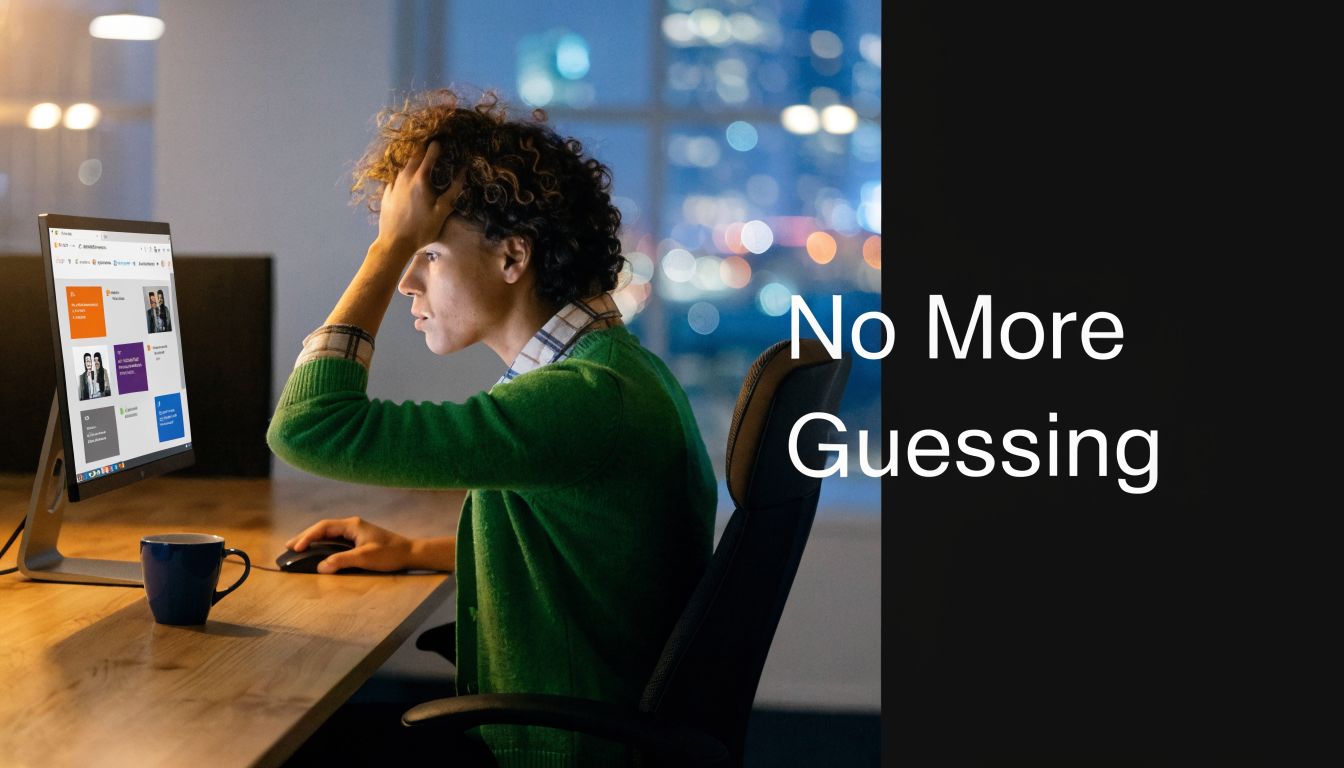 A frustrated person sitting at a desk looking at a computer screen in a dimly lit office.