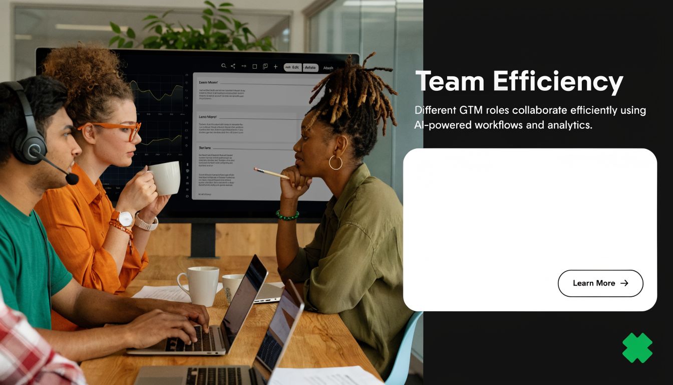 A diverse team collaborating in a modern office using AI-powered tools on laptops and large displays.