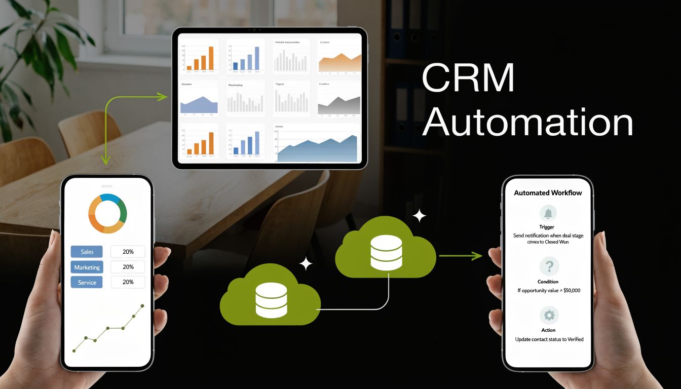 A digital graphic demonstrating CRM automation workflow between tablets, cloud databases, and mobile data visualization interfaces.
