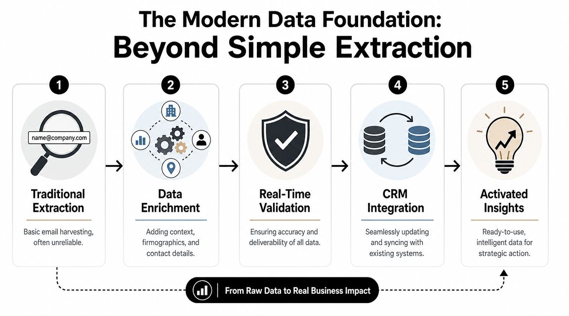 A five-step infographic illustrating the modern data foundation process from extraction to actionable business insights.