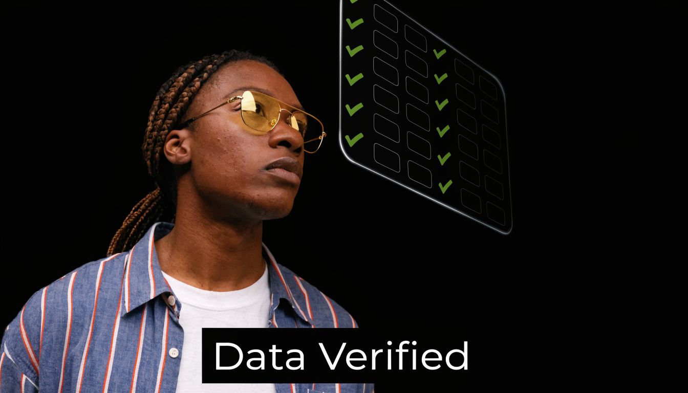 A person with braided hair looking at a digital interface displaying multiple green verification checkmarks.