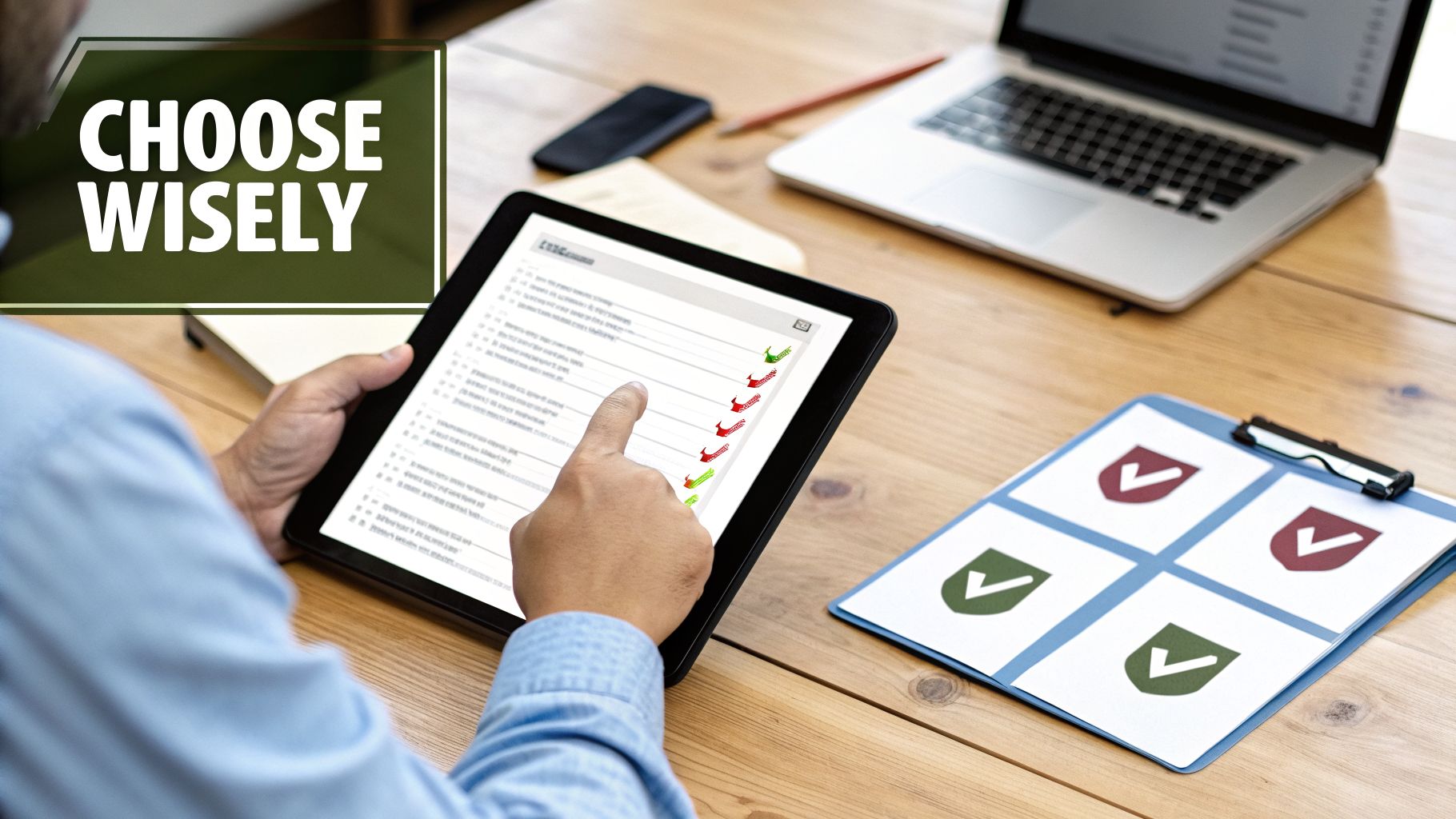 Person's hands selecting items on a digital checklist on a tablet, with 'Choose Wisely' text.