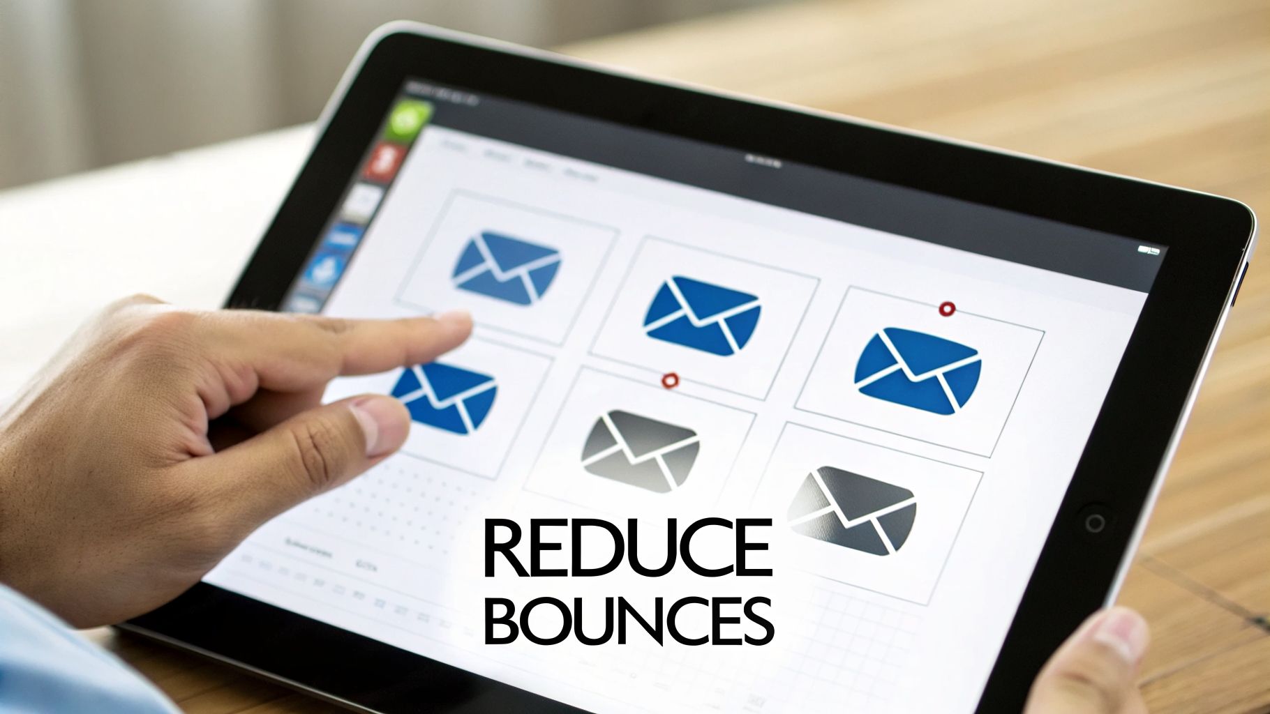 A hand taps a tablet screen displaying email icons and the text 'REDUCE BOUNCES'.