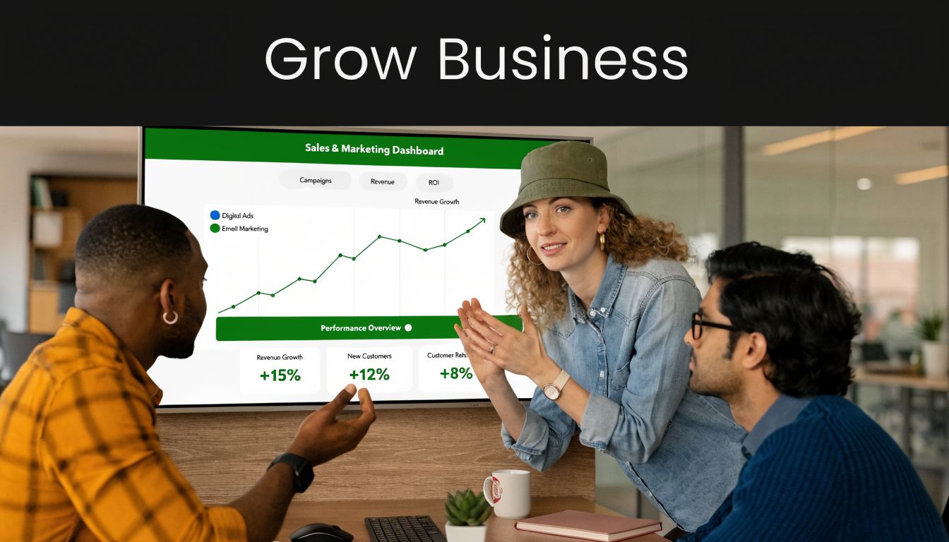 A diverse team discusses business growth metrics presented on a digital screen in a modern office.